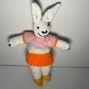 Handmade Crochet 13” Rabbit With Heart Nose And Stripe Dress